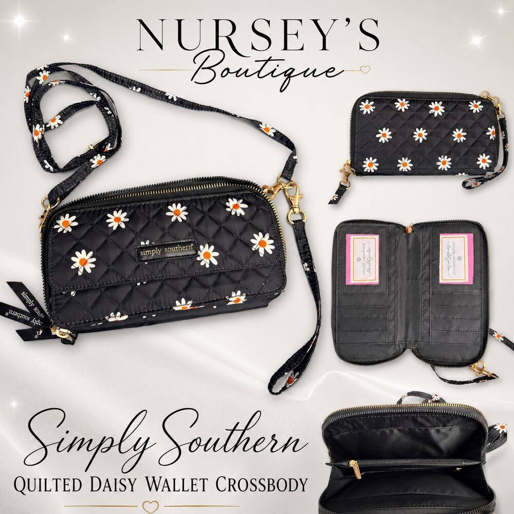 Simply Southern Quilted Daisy Wallet Crossbody Black Zip Around Wristlet